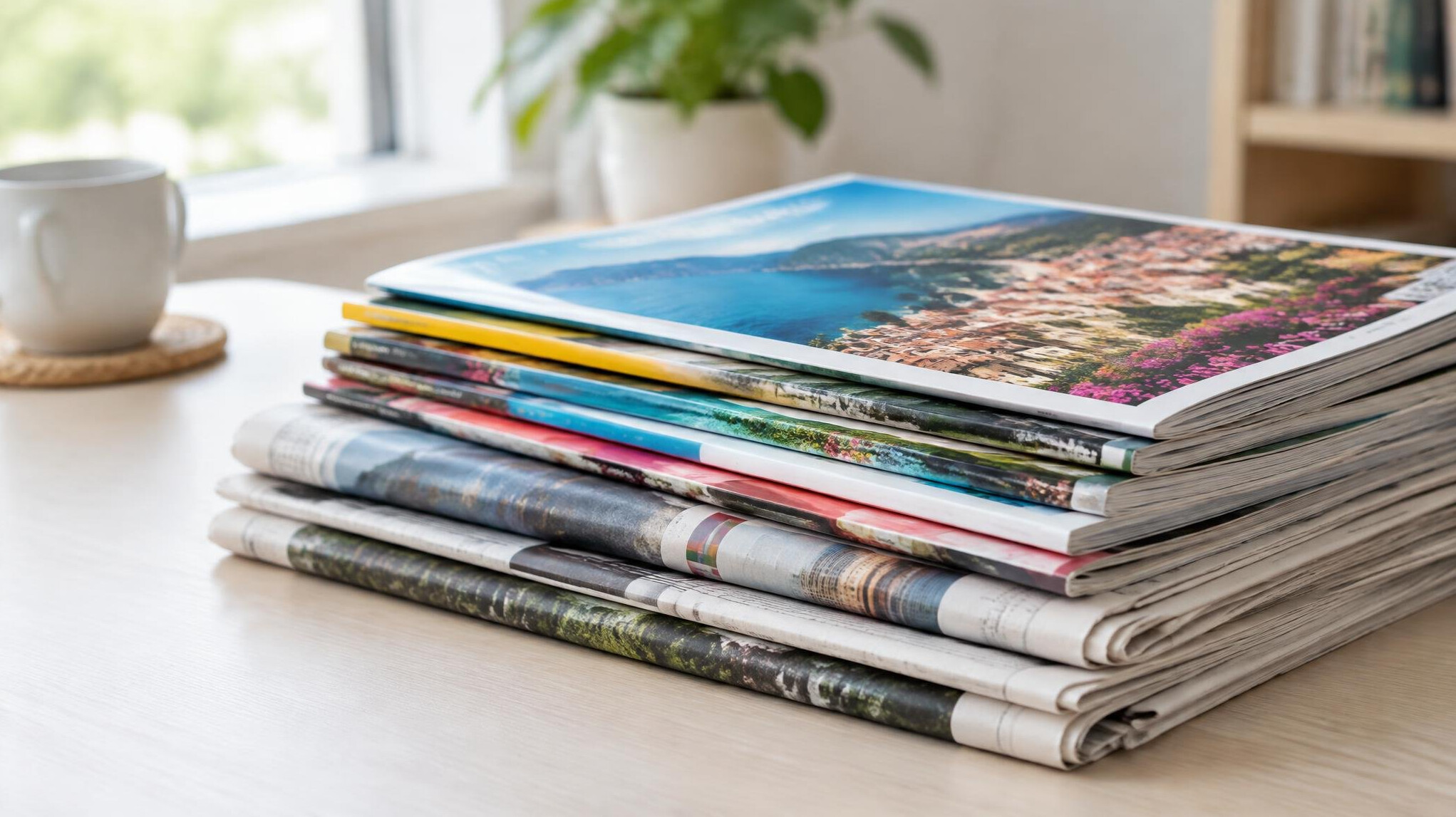Stack of newspapers and magazines on a table