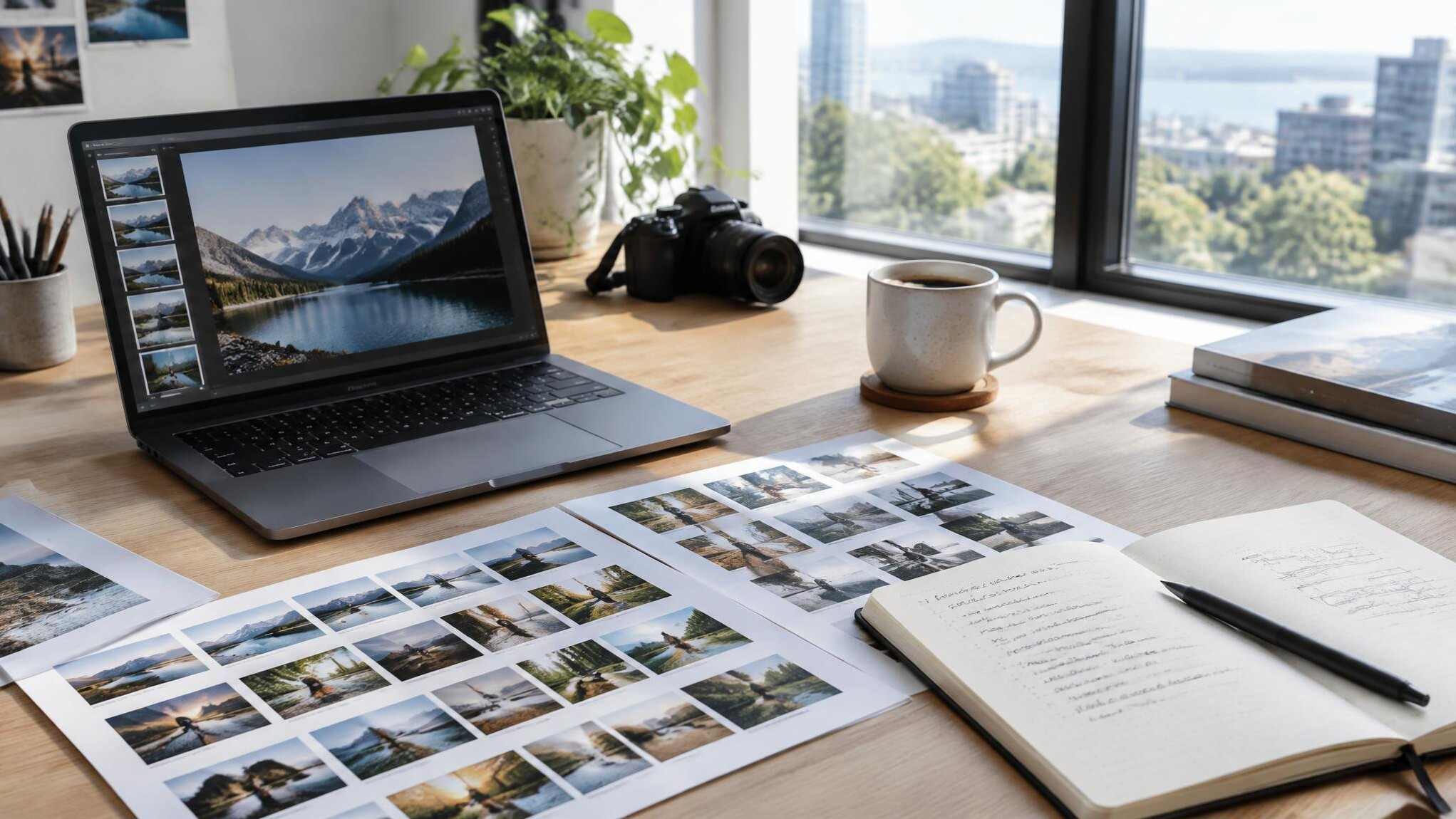 Editorial workspace with laptop, printed photos and notes on a wooden desk