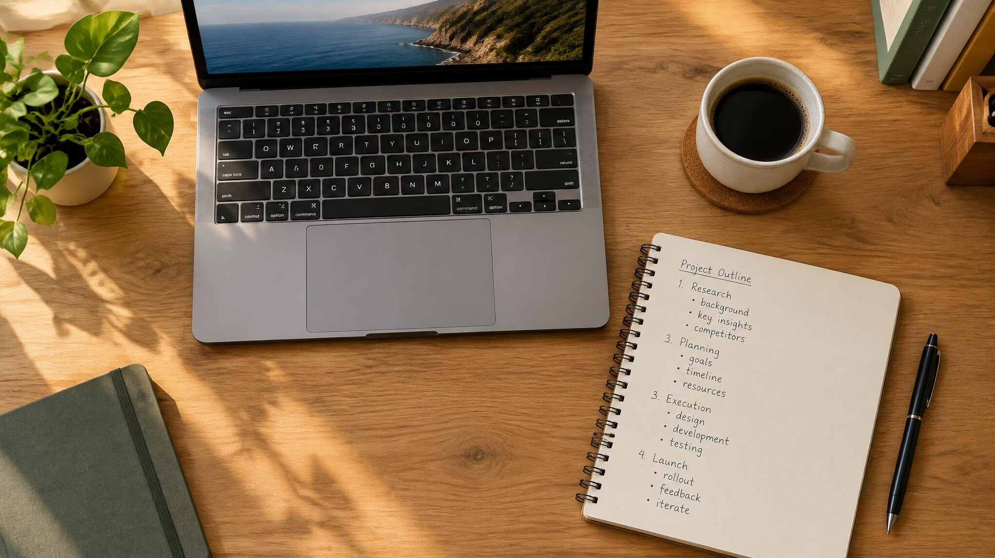 Top view of a desk with a laptop, notebook and coffee