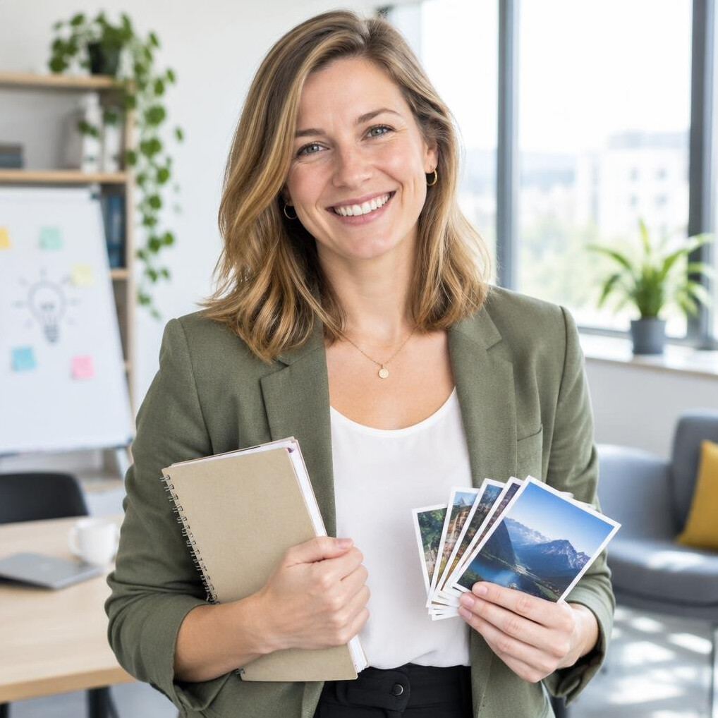 Smiling businesswoman holding a notebook in a bright office
