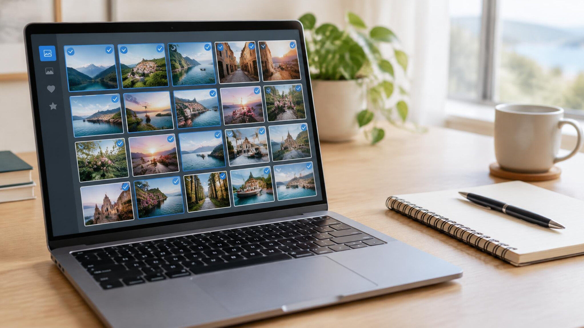 Laptop showing charts and a photo selection on a desk